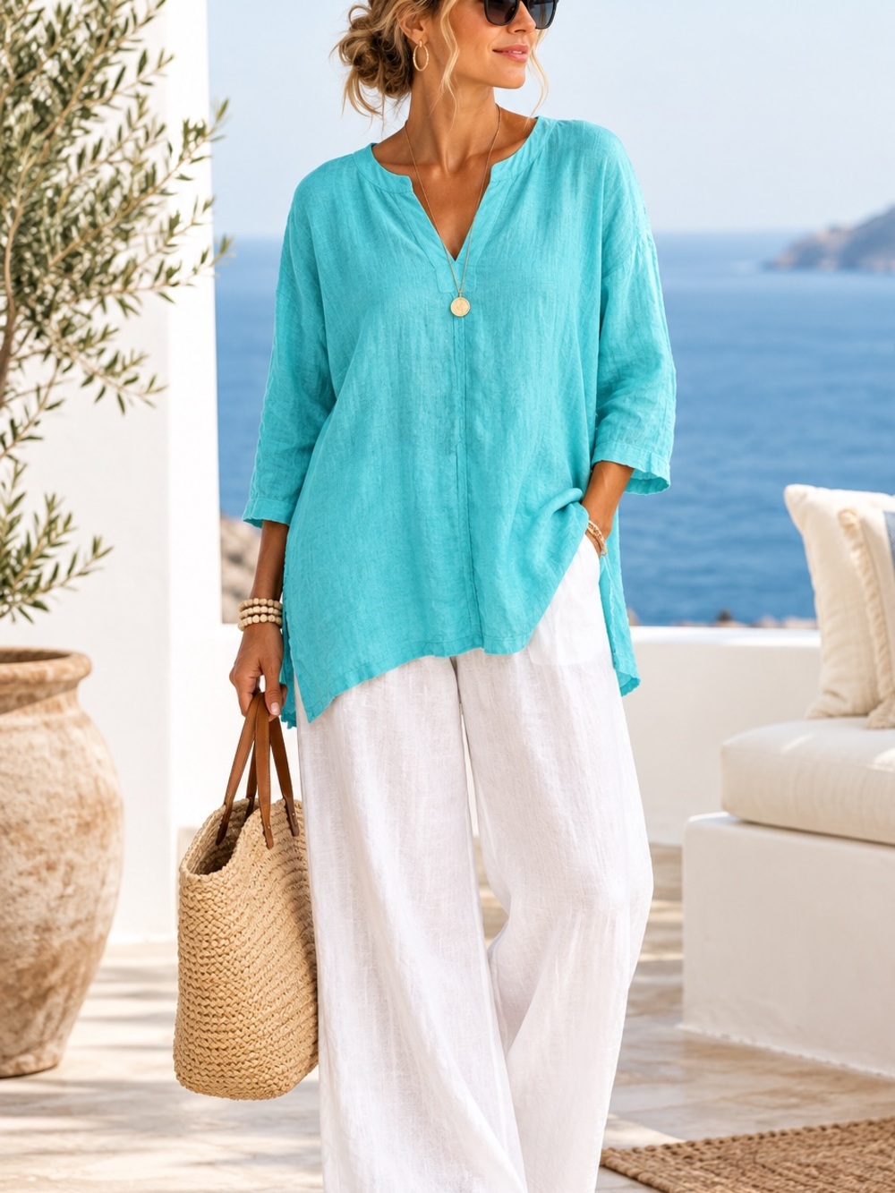 100% linen Made in USA Hot Cotton Turquoise V-Neck Linen Tunic top blouse M